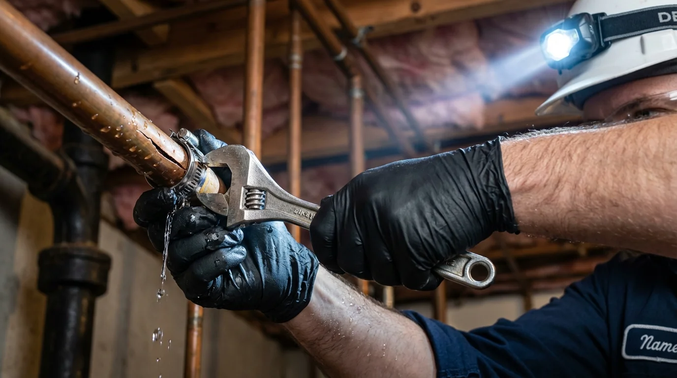 Emergency pipe clamp repair being performed by a Johns Plumbing LLC plumber in Marble Hill