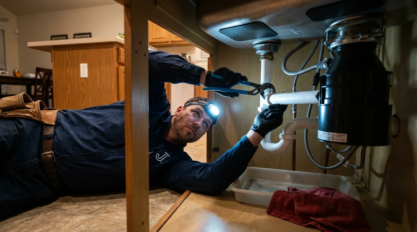 P-trap and supply line connections under a kitchen sink showing a common leak point in Marble Hill, MO